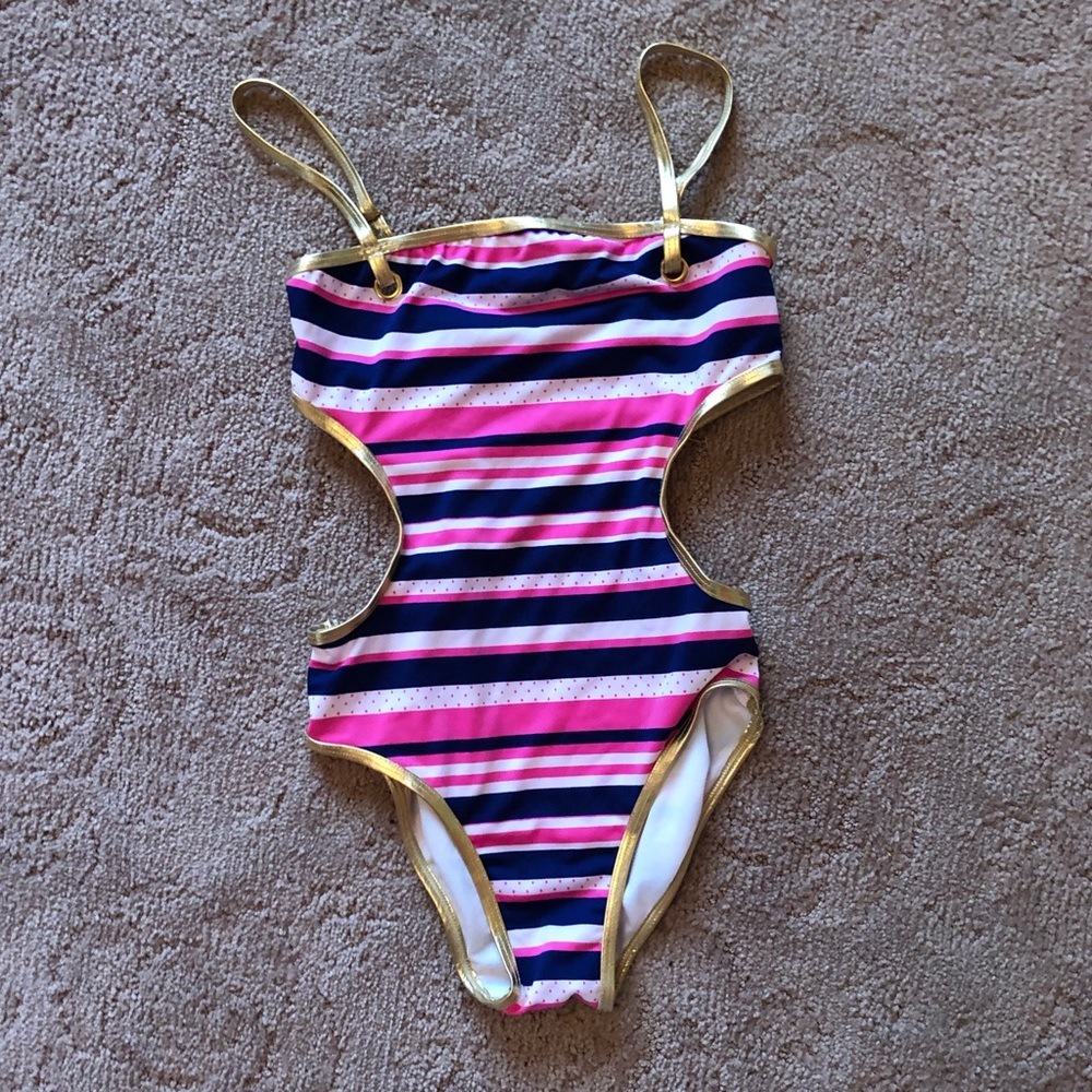Kids cutout one piece striped bathing suit